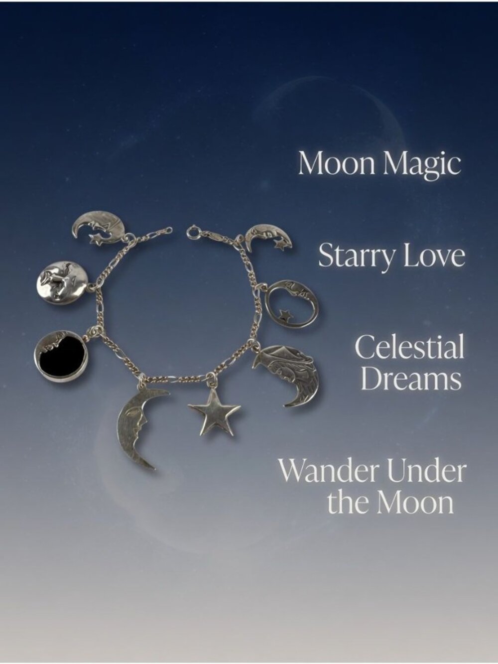 Vintage Sterling Silver & Black Onyx Celestial Charm Bracelet - Moons Stars